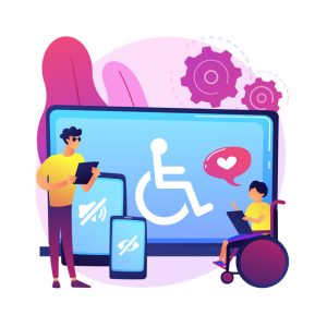 ilustración de personas frente a pantallas con el símbolo de accesibilidad